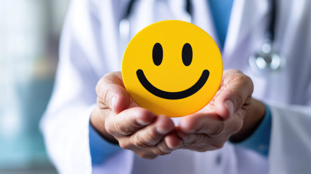 A doctor holding a yellow happy face icon. Healthcare, patient satisfaction, positive outcome.の素材