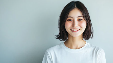 Cheerful Japanese woman in a t-shirt, smiling openly, radiating youthfulness and simplicity, perfect for a casual portrait.の素材