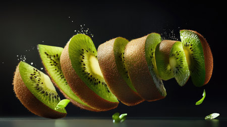 A healthy kiwi fruit with slices arranged creatively. Food styling, food photography, fruit.の素材