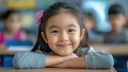 Candid portrait of an 8-year-old Asian girl in a classroom, smiling confidently at her desk.の素材