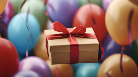 A festive scene with a brown paper gift box tied with a red ribbon, surrounded by vibrant balloons, perfect for celebrations.の素材