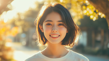 A very pretty Japanese woman, 20 years old, wearing a casual t-shirt, smiling warmly at the camera, simple and fresh appearance.の素材
