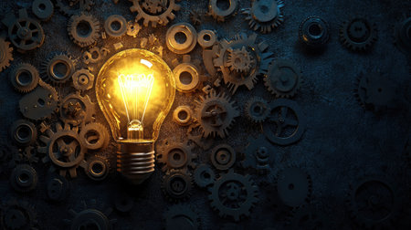 Bright light bulb surrounded by cogwheel gears, highlighting creativity and intelligence on a dark background.の素材