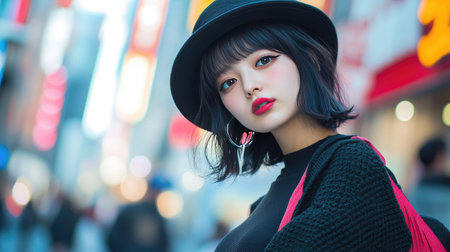 Fashion-forward Japanese woman in her 20s, posing on the streets of Shibuya, showcasing her unique and trendy outfit.の素材
