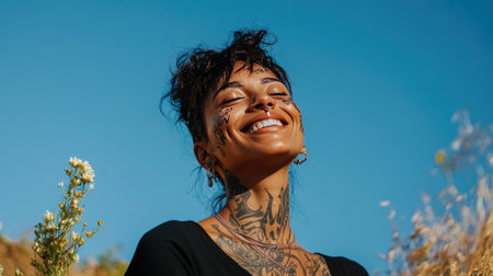 Candid shot of an ethnic woman with face tattoos and piercings, smiling while meditating in nature, blue sky in the background.の素材