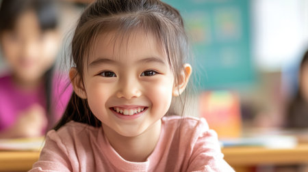 Close-up portrait of an 8-year-old Asian girl in a classroom, her smile reflecting enthusiasm for school.の素材