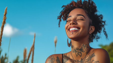 Ethnic woman with tattoos and piercings, smiling peacefully in nature, a blue sky backdrop highlighting her joy.の素材