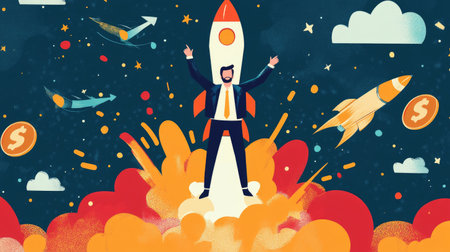 Businessman and rocket launch illustration, symbolizing the beginning of a successful investment or startup journey.の素材