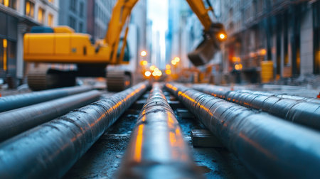 Construction site scene with long metal pipes in focus, blurred yellow excavator in the background, urban street settingの素材