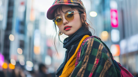 Fashion-forward Japanese woman in her 20s, posing on the streets of Shibuya, showcasing her unique and trendy outfit.の素材