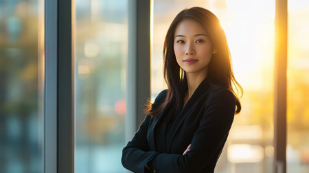 Casual portrait of an Asian businesswoman standing by her desk in a sunlit office, corporate environment with daylight streaming through the window.の素材