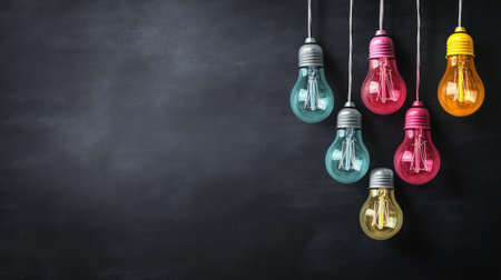 Different colored light bulbs suspended from above, symbolizing ideas, against a blackboard background with text space.の素材
