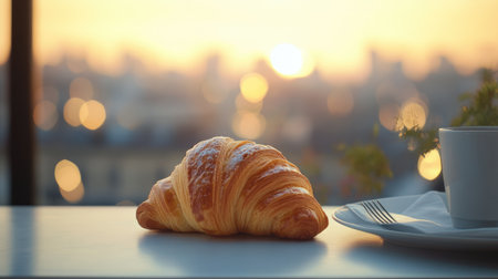Elegant French croissant on a table, foreground sharpness with a warm blurred cityscape behind, ideal for cozy atmospheres.の素材