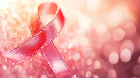 Breast cancer awareness pink ribbon in a circular glossy formation, highlighted on a soft abstract background.の素材