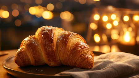 Close-up of a freshly baked French croissant, table setting with a warm ambiance and blurred cityscape in the background.の素材