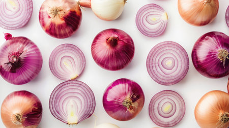 Whole onions and onion slices arranged neatly on a white background, showcasing their fresh layers.の素材