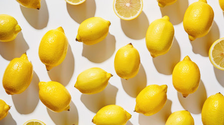 A top-down view of bright lemons on a white background, highlighting their vivid color and texture.の素材