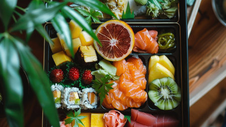 A detailed shot of a beautifully crafted bento box with sushi, fruits, and Japanese picklesの素材