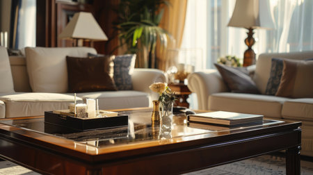 A stylish living room with a spotless coffee table and tasteful decor, reflecting cleanliness and charmの素材