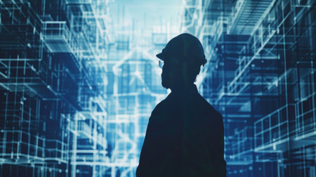 Male construction engineer's silhouette with architectural blueprints transparently overlaying, reflecting his expertise in building design.の素材