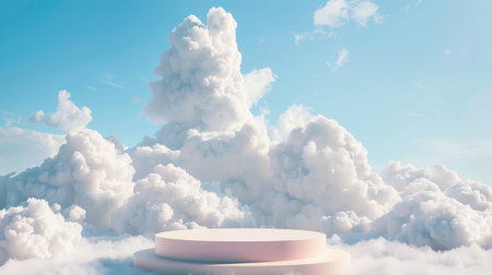 3D render of a cloud background podium with blue sky, ideal for product displays. Dreamy and minimalistic scene perfect for showcasing items.の素材