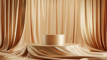 Gold fabric podium on a lavish stage, adorned with silk cloth, creating an abstract and elegant display setting for premium products.の素材