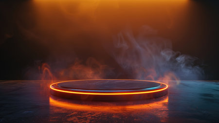 Sci-fi podium with neon orange lights on a dark cyber stage, ideal for modern product presentations. 3D rendering mock-up template.の素材