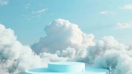 Sky-blue cloud background podium for product displays, featuring a dreamy scene with a touch of minimalism. Ideal for showcasing items in a serene environment.の素材