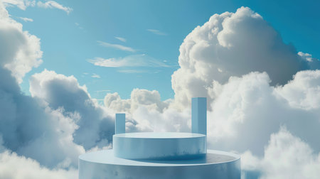 Sky-blue cloud background podium for product displays, featuring a dreamy scene with a touch of minimalism. Ideal for showcasing items in a serene environment.の素材