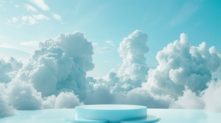 Sky-blue cloud background podium for product displays, featuring a dreamy scene with a touch of minimalism. Ideal for showcasing items in a serene environment.の素材