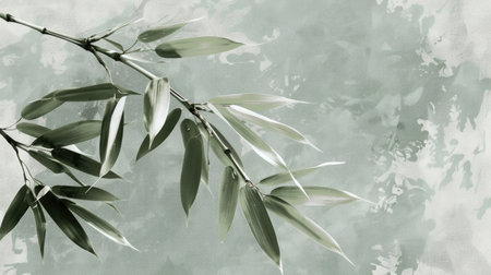 Experience the allure of subtlety: Bamboo leaves on muted green, a refined background echoing simplicity and sophistication."の素材