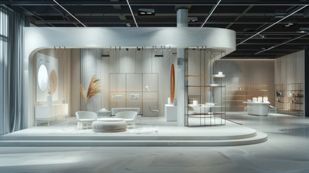 Versatile exhibition background rendered in 3D, providing a modern and professional platform for showcasing products.の素材