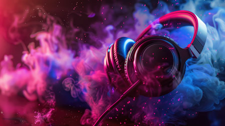 Dive into superior sound quality: State-of-the-art headphones on an energetic backdrop.の素材