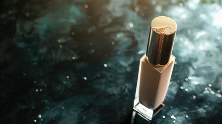 Discover flawless beauty: Beige tonal cream bottle juxtaposed with a dark background, defining elegance in makeup essentials.の素材