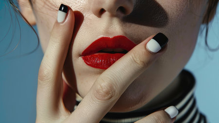 Enhance your allure: Close-up of a woman's face featuring red matte lips and nails with chic minimalist design.の素材