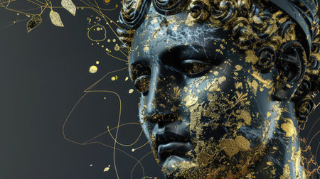 Enter a world of digital enchantment: Surreal 3D depiction of an ancient Greek statue in black marble with intricate gold embellishments, a stunning contemporary interpretationの素材