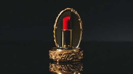 Embrace decadence: Luxurious red lipstick showcased in a lavish golden case against a chic black background."の素材
