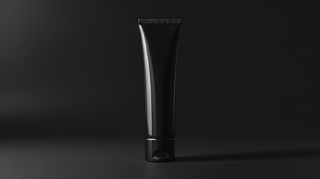Embrace chic simplicity: Black cosmetic tube with black cap, offering a sleek template for your branding vision against a dark backdropの素材