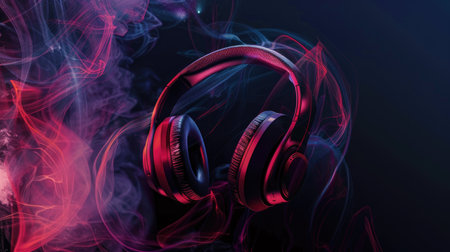Elevate your audio game: Cutting-edge headphones against a pulsating abstract design.の素材