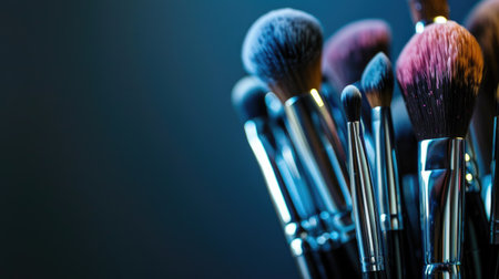 Sleek and professional: Full-color makeup brushes on a black backdrop, perfect for the beauty industry banner with ample copy spaceの素材