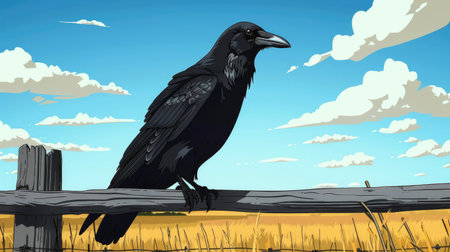 Cartoon black crow perched on a fence, with a rural landscape in the background, under a bright blue sky.の素材