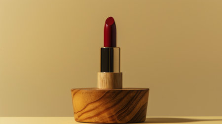 Embrace minimalist chic: Red lipstick with wooden base, set in an elegant, understated backdrop for a touch of glamourの素材