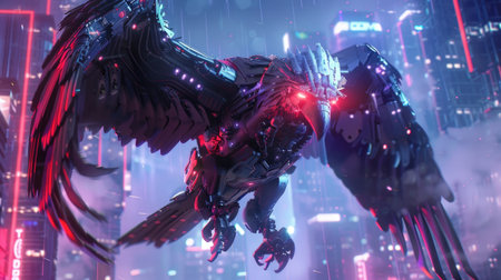 A high-tech robotic eagle with large wings, formidable talons, and glowing red eyes, set against a neon-lit cityscape at nightの素材