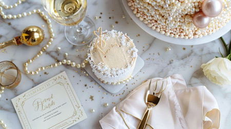 Indulge in opulence: Birthday flat lay featuring champagne, a stunning cake with gold accents, pearls, and an invitation, set on white marbleの素材