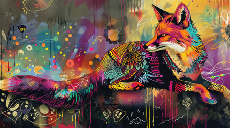 Abstract fox silhouette combined with vibrant, surreal patterns in a stunning array of bright colors, igniting creativity.の素材