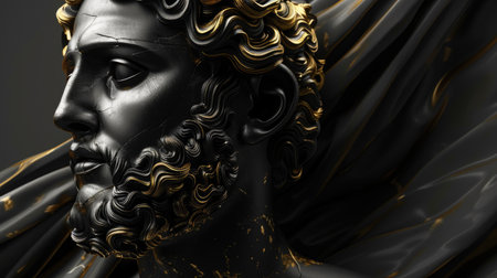 Contemporary allure meets ancient elegance: 3D illustration of a Greek statue carved from black marble, adorned with intricate gold details, a captivating digital marvelの素材