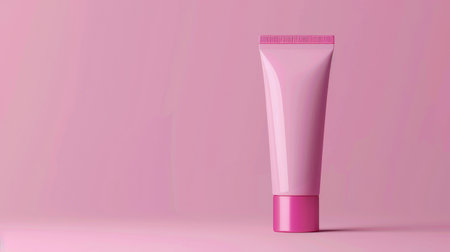 Inspire creativity: Pink minimalist cosmetic tube template with ample space for customization, poised on a pink backdropの素材