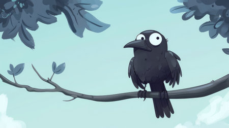 Cute cartoon black crow with a cheeky expression, perched on a tree branch, against a simple blue sky backgroundの素材