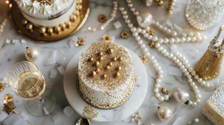 Toast to elegance: Birthday flat lay on white marble, with champagne glasses, a gold-accented cake, pearls, and an invitation, celebrating in styleの素材