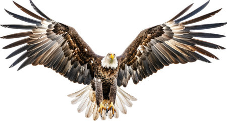 Majestic eagle soaring with sharp talons extended, wings fully spread, against a pure white background.の素材